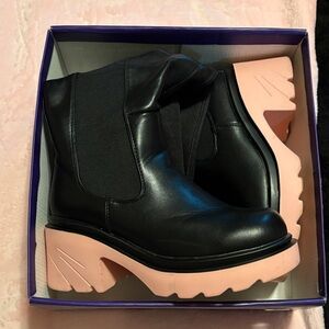 Black Leather Platform Chelsea Boots with Pink Chunky Sole